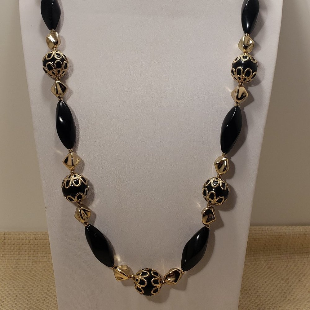 Black , Gold Bead and Filigree End Cap Necklace.